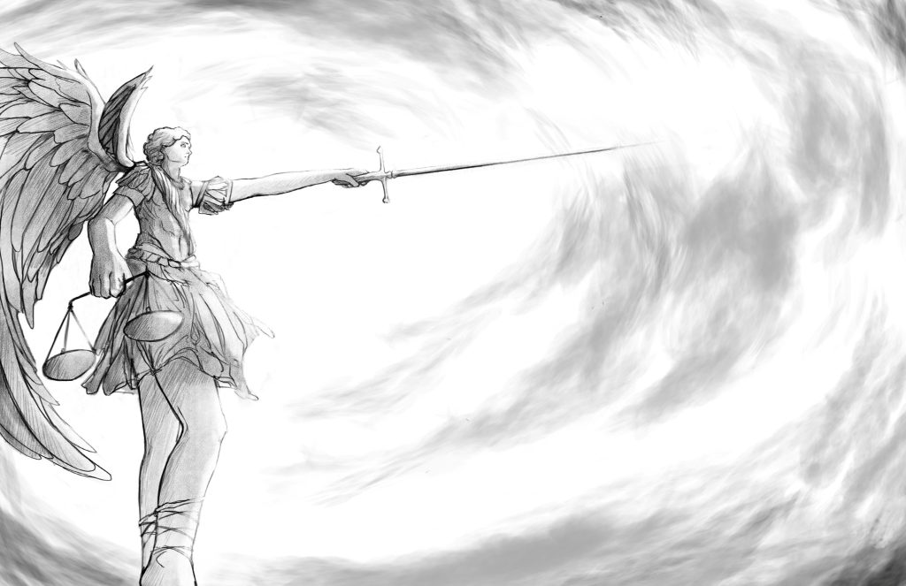 Illustrazione di Giuly Art per il libro Ti confesso un delitto, immagine dell'Arcangelo Gabriele con la spada