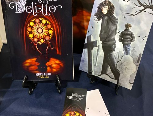 immagine del libro "ti confesso un delitto" al Romics con cartoline e segnalibi di Giuly Art